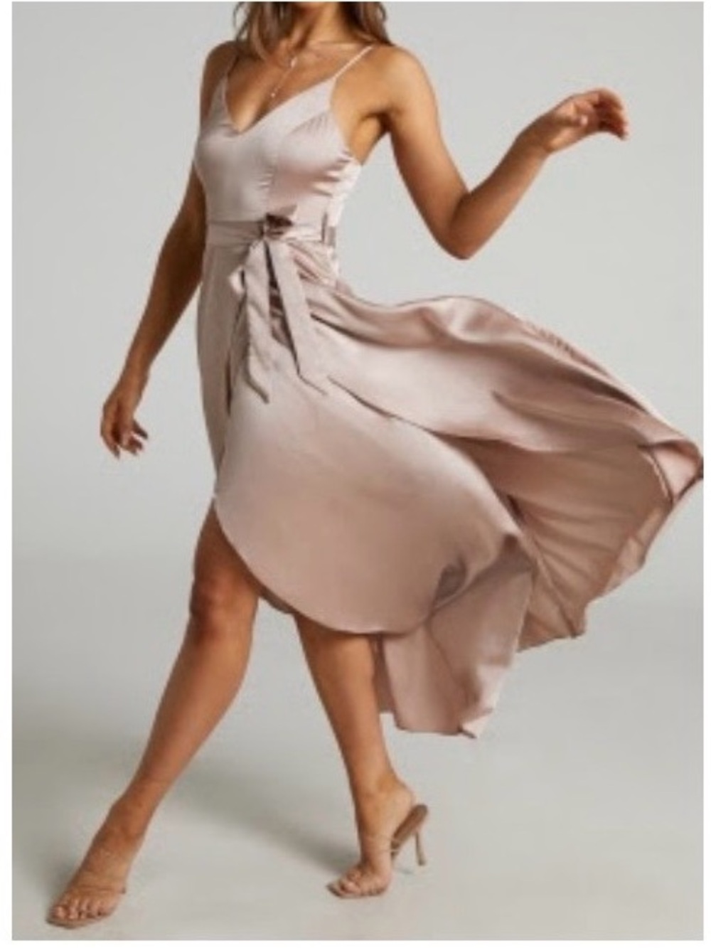 Showpo TREASURING YOU WRAP MIDI DRESS IN MOCHA SATIN